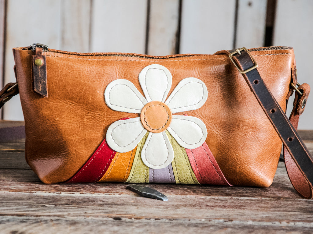 Ready to ship | Small Handmade Leather Crossbody Zipper Bag | One of a Kind Mini zip | Belen Flower Power | Q5