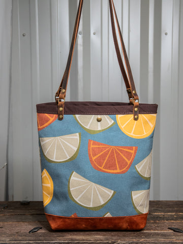Canvas and Leather Tote Bag Fruit | Handprinted | In Blue + Camp Blue collab
