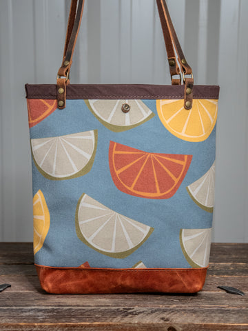 Canvas and Leather Tote Bag Fruit | Handprinted | In Blue + Camp Blue collab