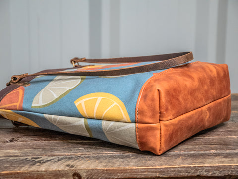 Canvas and Leather Tote Bag Fruit | Handprinted | In Blue + Camp Blue collab