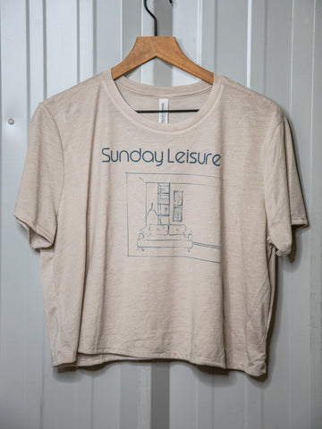 Handprinted T-shirt | Sunday Leisure | Oatmeal Flowy Crop | Camp Blue