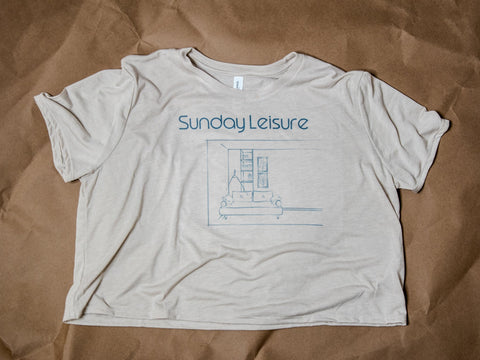 Handprinted T-shirt | Sunday Leisure | Oatmeal Flowy Crop | Camp Blue