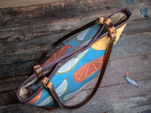 Canvas and Leather Tote Bag Fruit | Handprinted | In Blue + Camp Blue collab