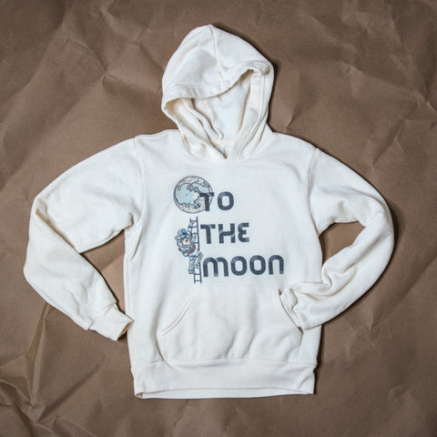 Handprinted Youth T-shirt | To the Moon | Unisex Natural Hoodie | Camp Blue