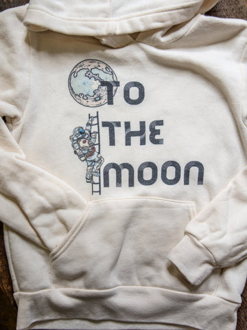 Handprinted Youth T-shirt | To the Moon | Unisex Natural Hoodie | Camp Blue