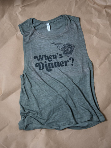 Hand printed Tank | When's Dinner? | Flowy Scoop Olive Tank | Camp Blue