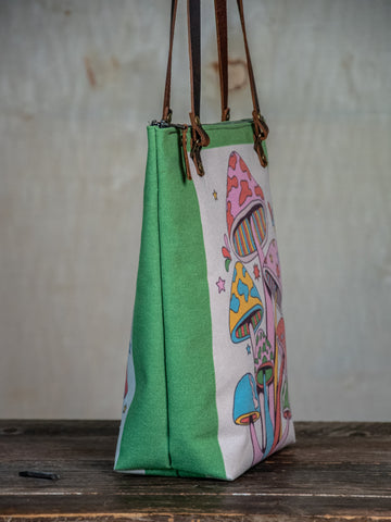 Ready to Ship | Canvas and Leather Tote Bag retro mushroom | Handprinted | In Blue + Camp Blue collab