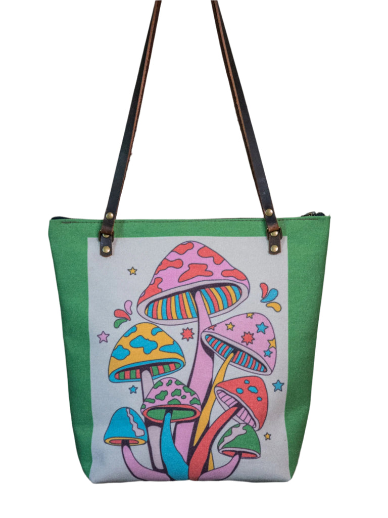 Ready to Ship | Canvas and Leather Tote Bag retro mushroom | Handprinted | In Blue + Camp Blue collab
