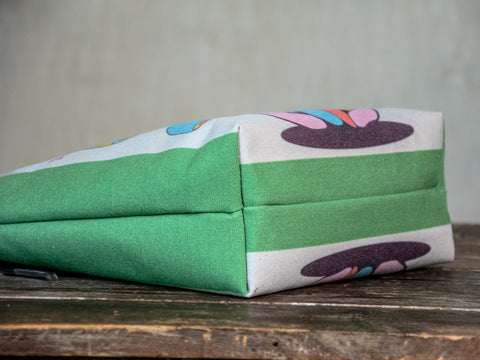 Ready to Ship | Canvas and Leather Tote Bag retro mushroom | Handprinted | In Blue + Camp Blue collab