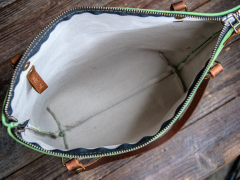 Ready to Ship | Canvas and Leather Tote Bag retro mushroom | Handprinted | In Blue + Camp Blue collab