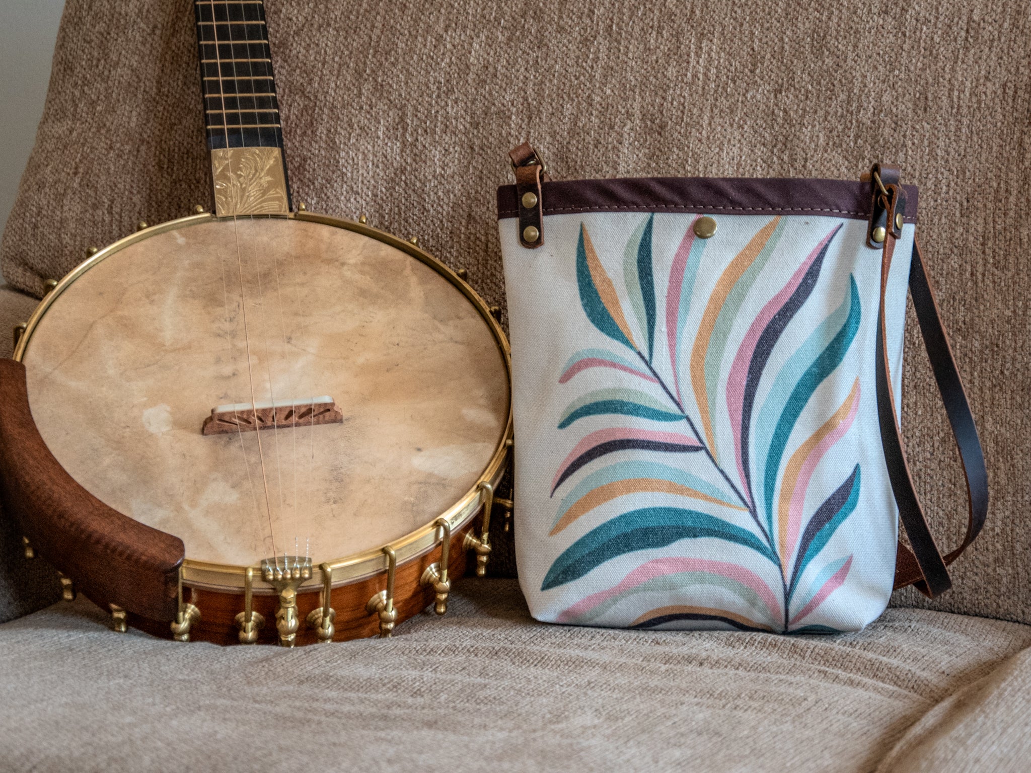Ready to Ship | SMALL Canvas and Leather Tote Bag Fern  | Handprinted | In Blue + Camp Blue collab