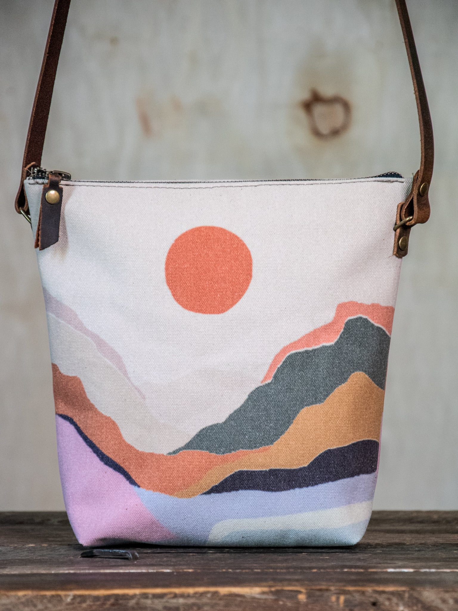 Ready to Ship | SMALL Canvas and Leather Tote Bag Mountain Mama | Handprinted | In Blue + Camp Blue collab