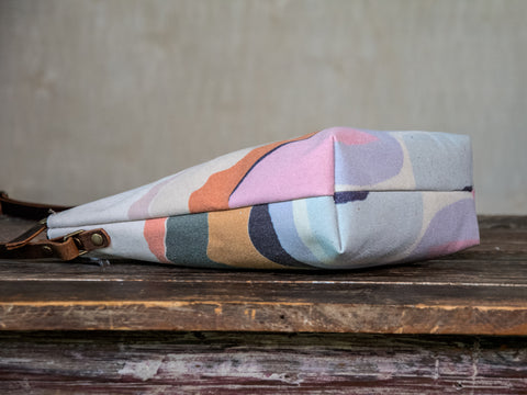 Ready to Ship | SMALL Canvas and Leather Tote Bag Mountain Mama | Handprinted | In Blue + Camp Blue collab