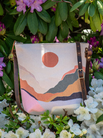 Ready to Ship | SMALL Canvas and Leather Tote Bag Mountain Mama | Handprinted | In Blue + Camp Blue collab