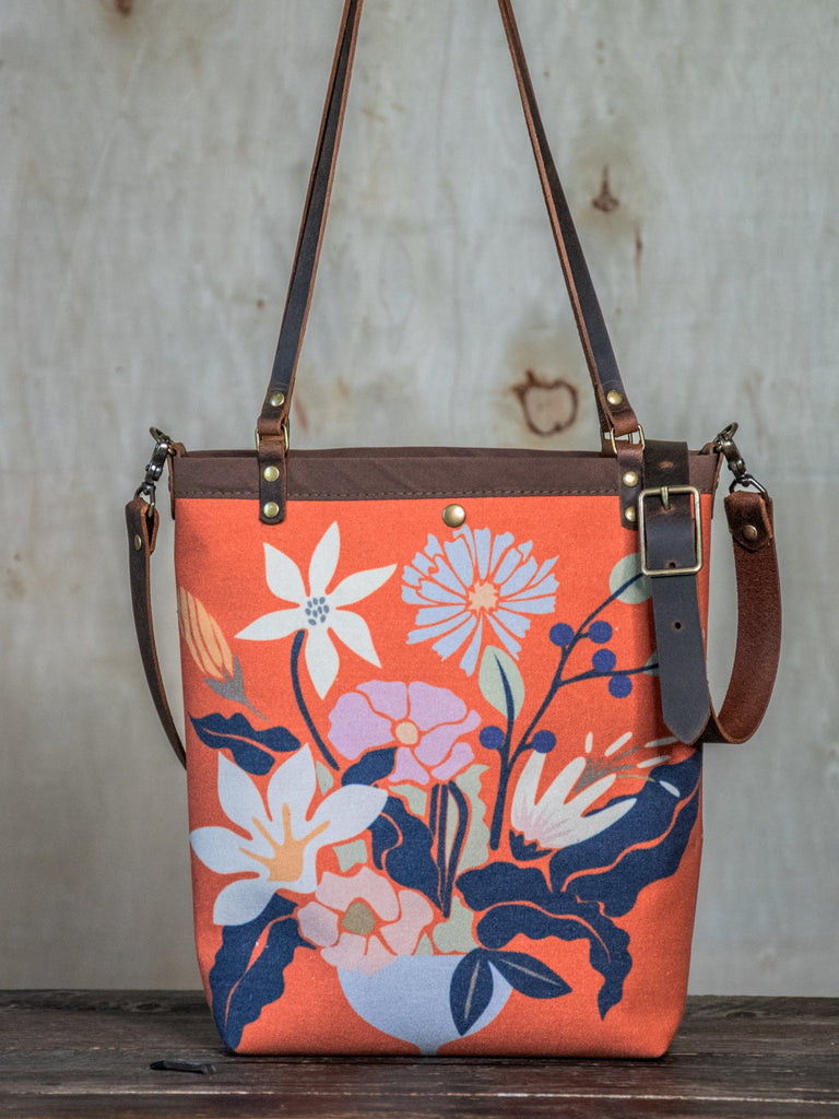 Ready to Ship | Canvas and Leather Tote Bag Flower Pot | Handprinted | In Blue + Camp Blue collab