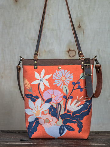 Ready to Ship | Canvas and Leather Tote Bag Flower Pot | Handprinted | In Blue + Camp Blue collab