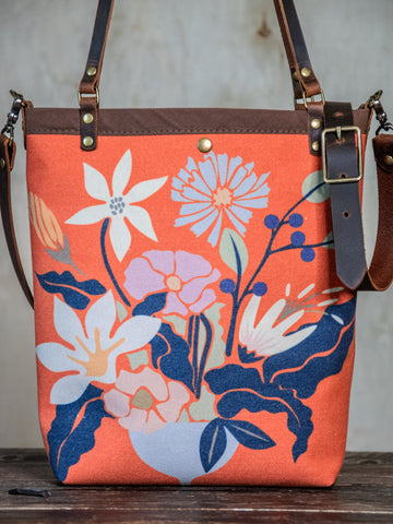 Ready to Ship | Canvas and Leather Tote Bag Flower Pot | Handprinted | In Blue + Camp Blue collab