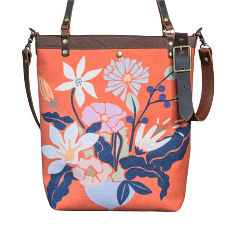 Ready to Ship | Canvas and Leather Tote Bag Flower Pot | Handprinted | In Blue + Camp Blue collab