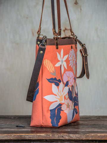 Ready to Ship | Canvas and Leather Tote Bag Flower Pot | Handprinted | In Blue + Camp Blue collab