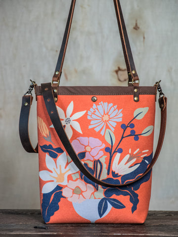 Ready to Ship | Canvas and Leather Tote Bag Flower Pot | Handprinted | In Blue + Camp Blue collab
