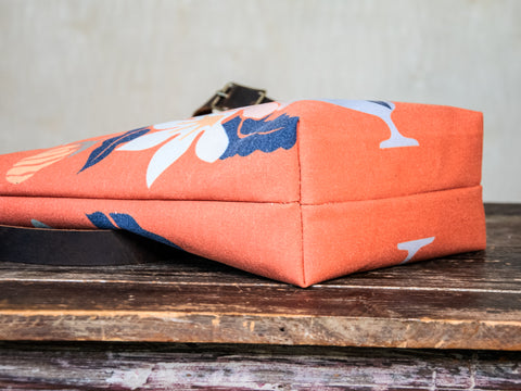 Ready to Ship | Canvas and Leather Tote Bag Flower Pot | Handprinted | In Blue + Camp Blue collab