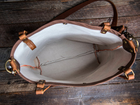 Ready to Ship | Canvas and Leather Tote Bag Flower Pot | Handprinted | In Blue + Camp Blue collab