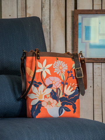 Ready to Ship | Canvas and Leather Tote Bag Flower Pot | Handprinted | In Blue + Camp Blue collab