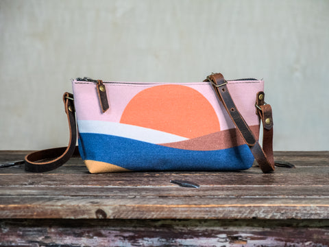 Ready to Ship | Small Zipper Crossbody Bag retro sunrise | Handprinted | In Blue + Camp Blue collab)