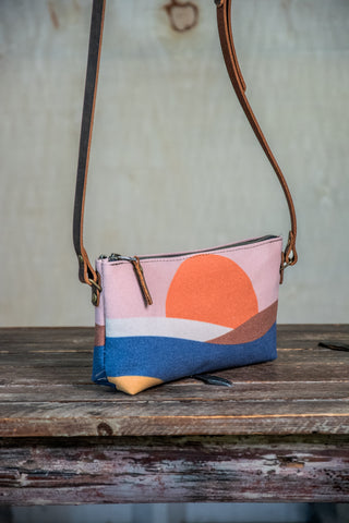 Ready to Ship | Small Zipper Crossbody Bag retro sunrise | Handprinted | In Blue + Camp Blue collab)