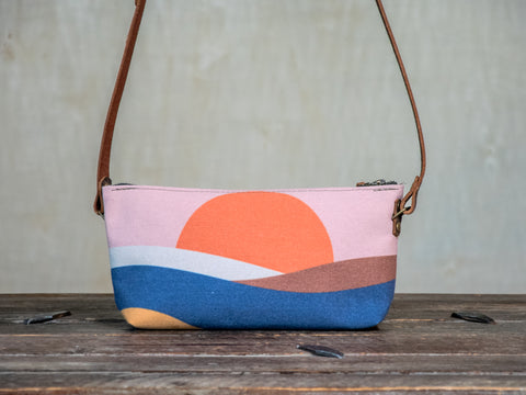 Ready to Ship | Small Zipper Crossbody Bag retro sunrise | Handprinted | In Blue + Camp Blue collab)