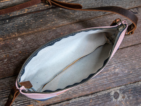 Ready to Ship | Small Zipper Crossbody Bag retro sunrise | Handprinted | In Blue + Camp Blue collab)