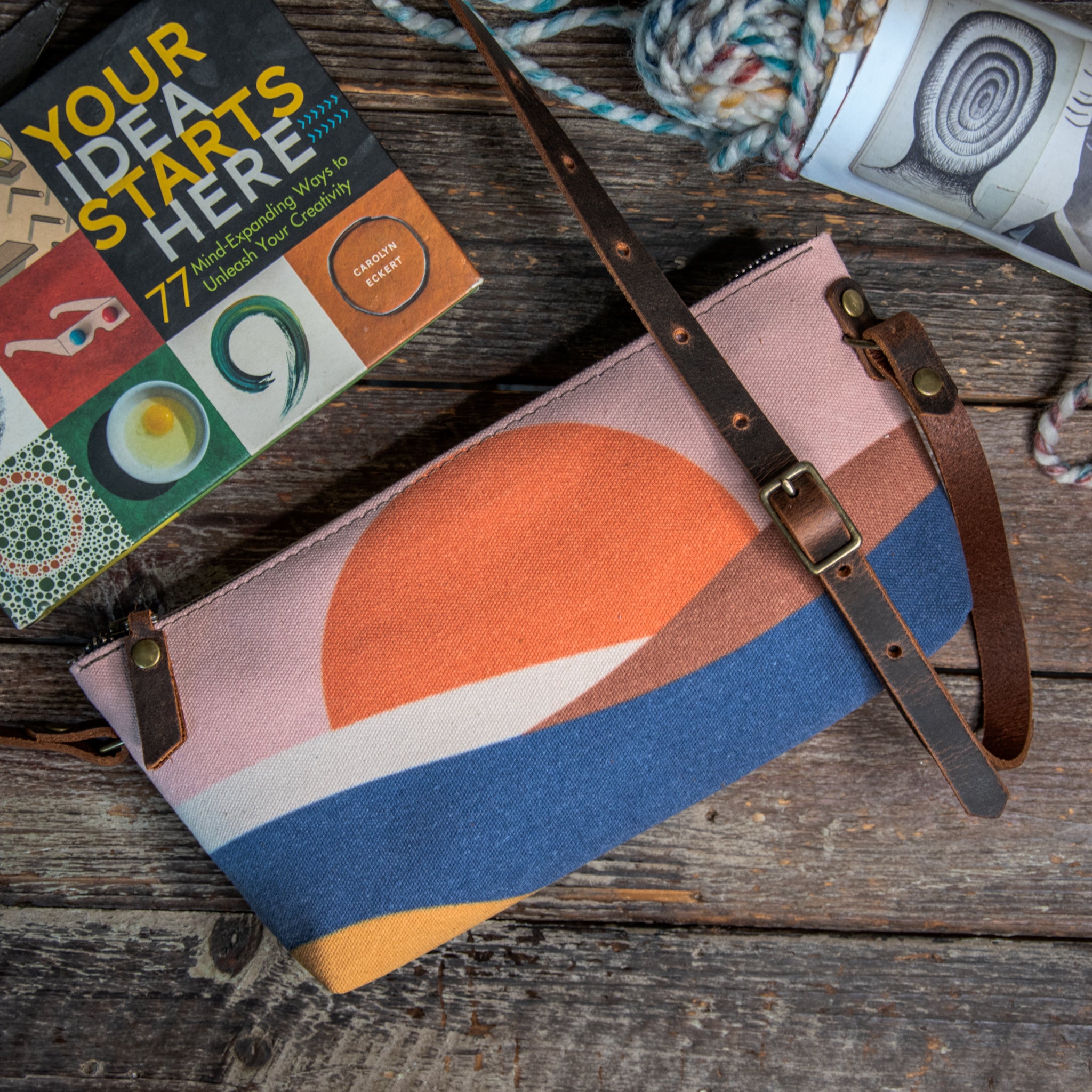 Ready to Ship | Small Zipper Crossbody Bag retro sunrise | Handprinted | In Blue + Camp Blue collab)