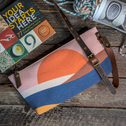 Ready to Ship | Small Zipper Crossbody Bag retro sunrise | Handprinted | In Blue + Camp Blue collab)