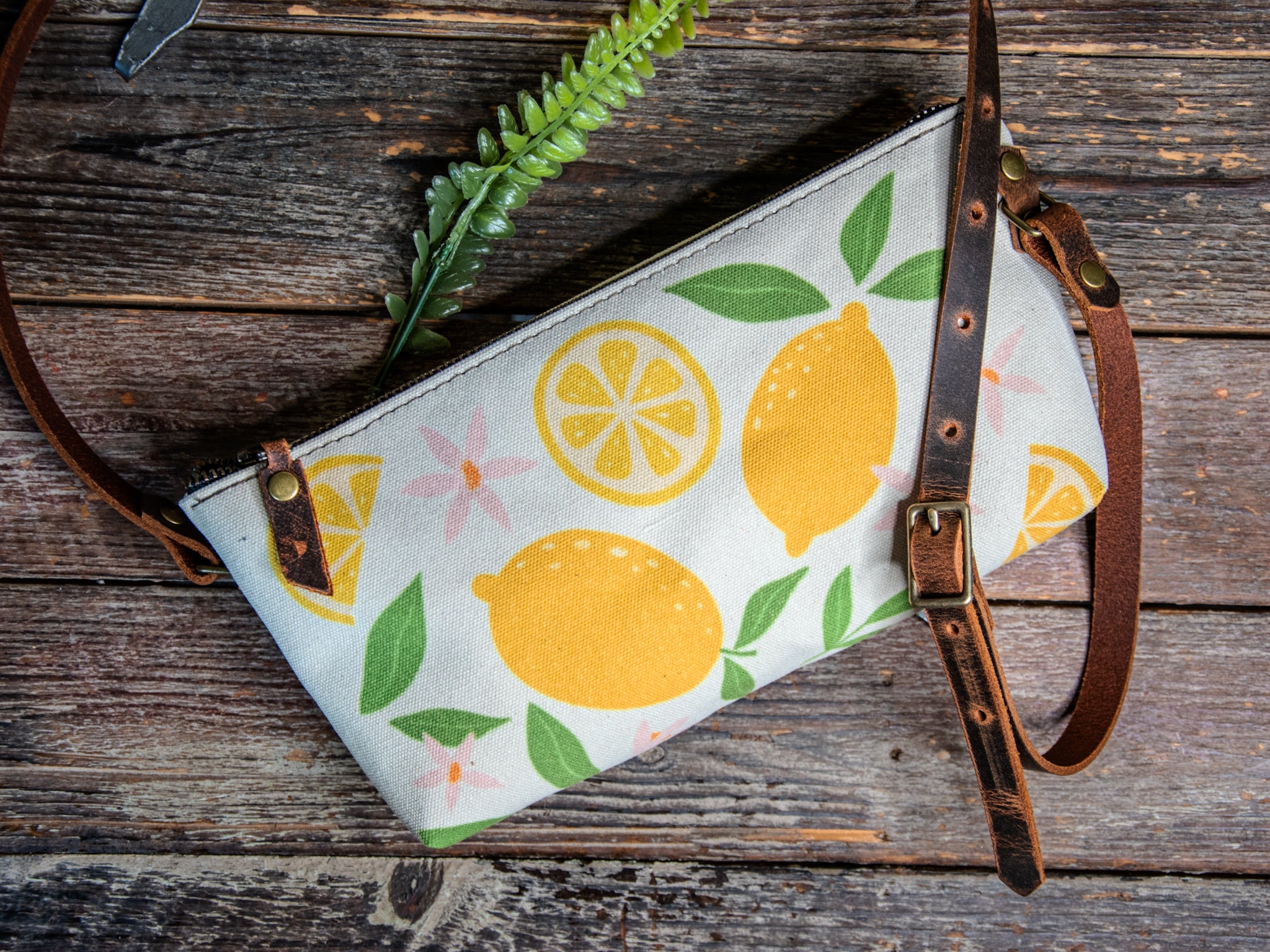 Ready to Ship | Small Zipper Crossbody Bag Lemon | Handprinted | In Blue + Camp Blue collab)