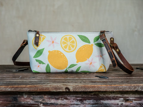 Ready to Ship | Small Zipper Crossbody Bag Lemon | Handprinted | In Blue + Camp Blue collab)