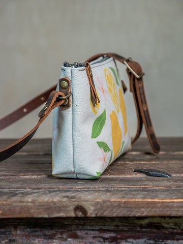 Ready to Ship | Small Zipper Crossbody Bag Lemon | Handprinted | In Blue + Camp Blue collab)