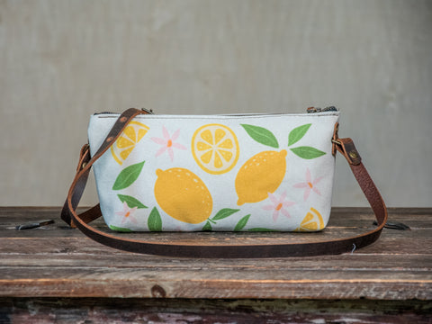 Ready to Ship | Small Zipper Crossbody Bag Lemon | Handprinted | In Blue + Camp Blue collab)
