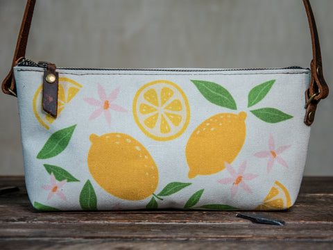 Ready to Ship | Small Zipper Crossbody Bag Lemon | Handprinted | In Blue + Camp Blue collab)