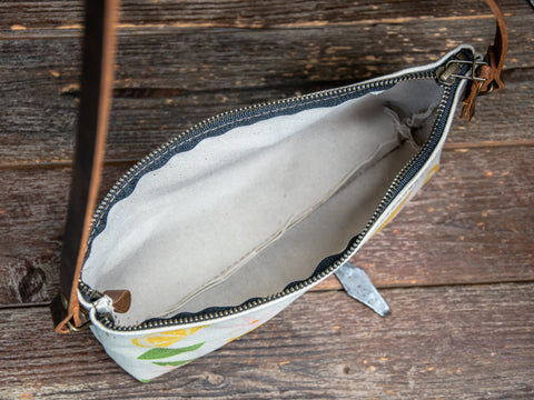 Ready to Ship | Small Zipper Crossbody Bag Lemon | Handprinted | In Blue + Camp Blue collab)