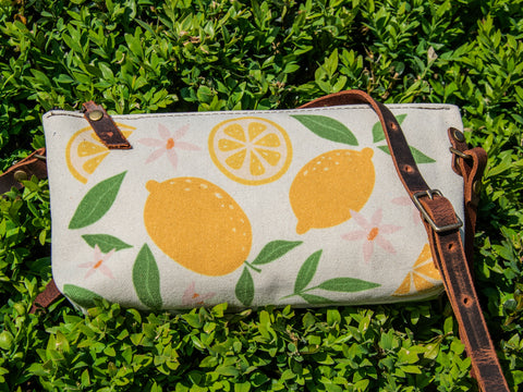 Ready to Ship | Small Zipper Crossbody Bag Lemon | Handprinted | In Blue + Camp Blue collab)