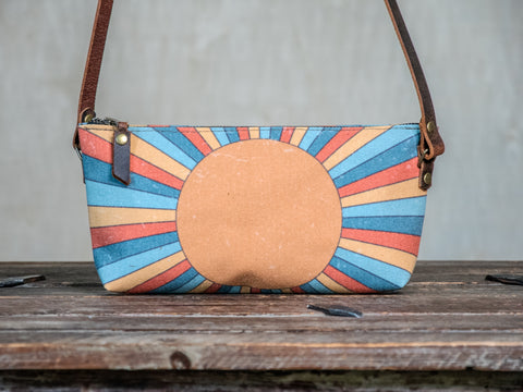 Ready to Ship | Small Zipper Crossbody Bag Rainbow Sunshine| Handprinted | In Blue + Camp Blue collab