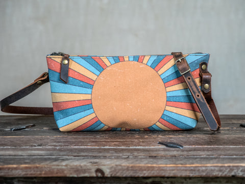 Ready to Ship | Small Zipper Crossbody Bag Rainbow Sunshine| Handprinted | In Blue + Camp Blue collab