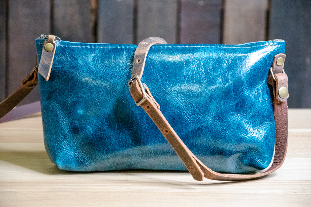 CLOSEOUT SALE | The Mini-Zipper Bag | Leather Crossbody strap | Ready to Ship | BERMUDA BLUE