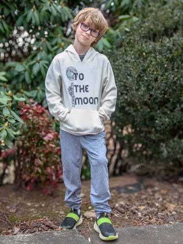 Handprinted Youth T-shirt | To the Moon | Unisex Natural Hoodie | Camp Blue