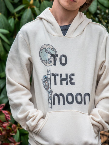 Handprinted Youth T-shirt | To the Moon | Unisex Natural Hoodie | Camp Blue