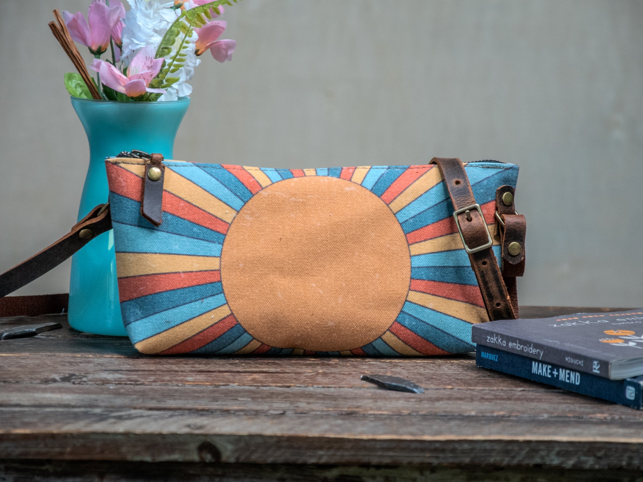 Ready to Ship | Small Zipper Crossbody Bag Rainbow Sunshine| Handprinted | In Blue + Camp Blue collab
