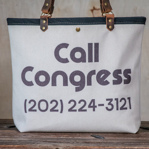 Ready to Ship | Canvas and Leather LARGE Farmer's Market Tote | Handprinted Call Congress | In Blue + Camp Blue collab