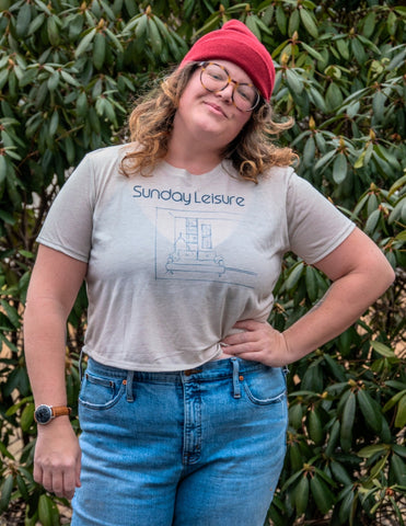 Handprinted T-shirt | Sunday Leisure | Oatmeal Flowy Crop | Camp Blue