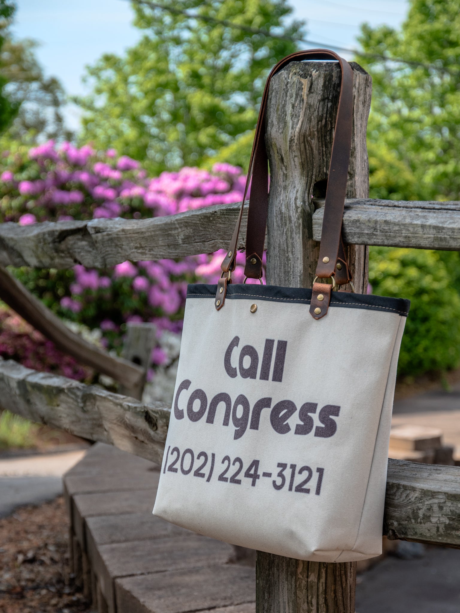 Ready to Ship | Canvas and Leather LARGE Farmer's Market Tote | Handprinted Call Congress | In Blue + Camp Blue collab