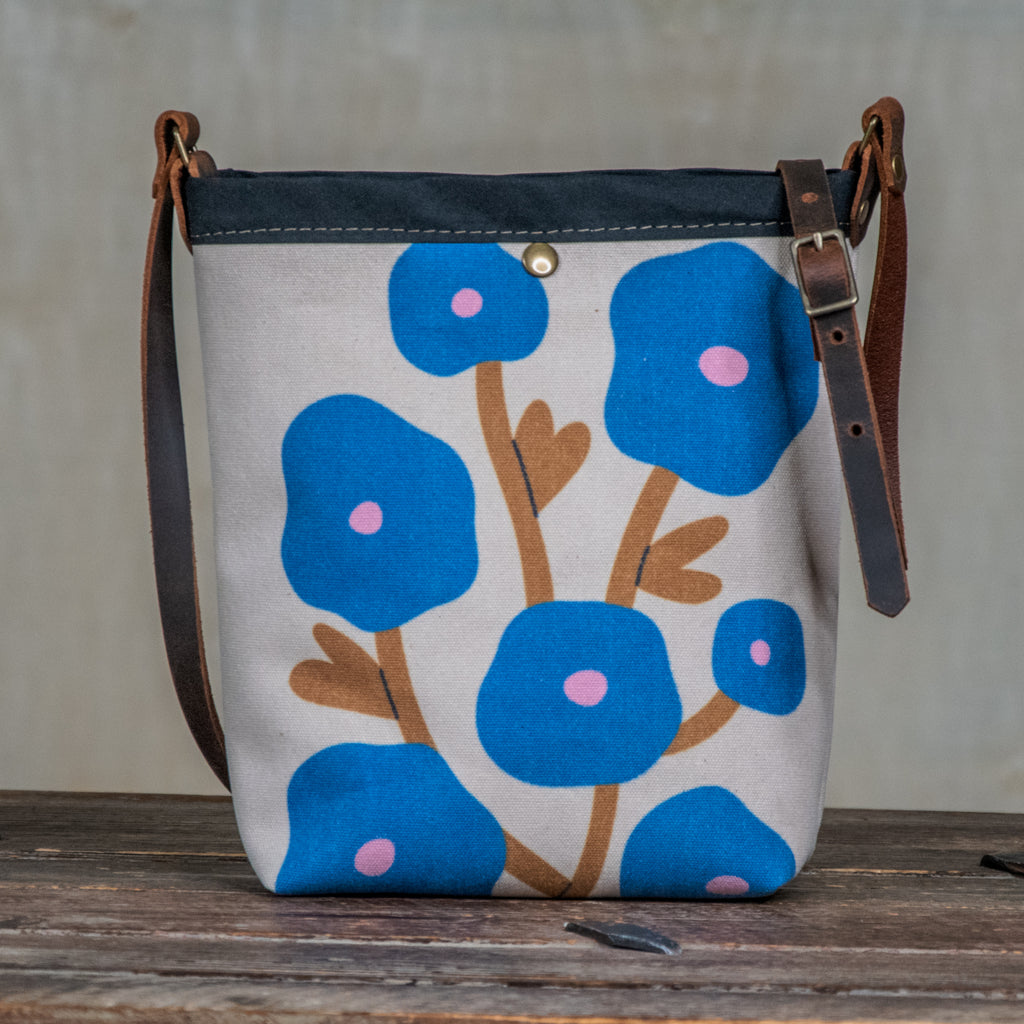 Ready to Ship | SMALL Canvas and Leather Tote Bag Blue Poppies | Handprinted | In Blue + Camp Blue collab